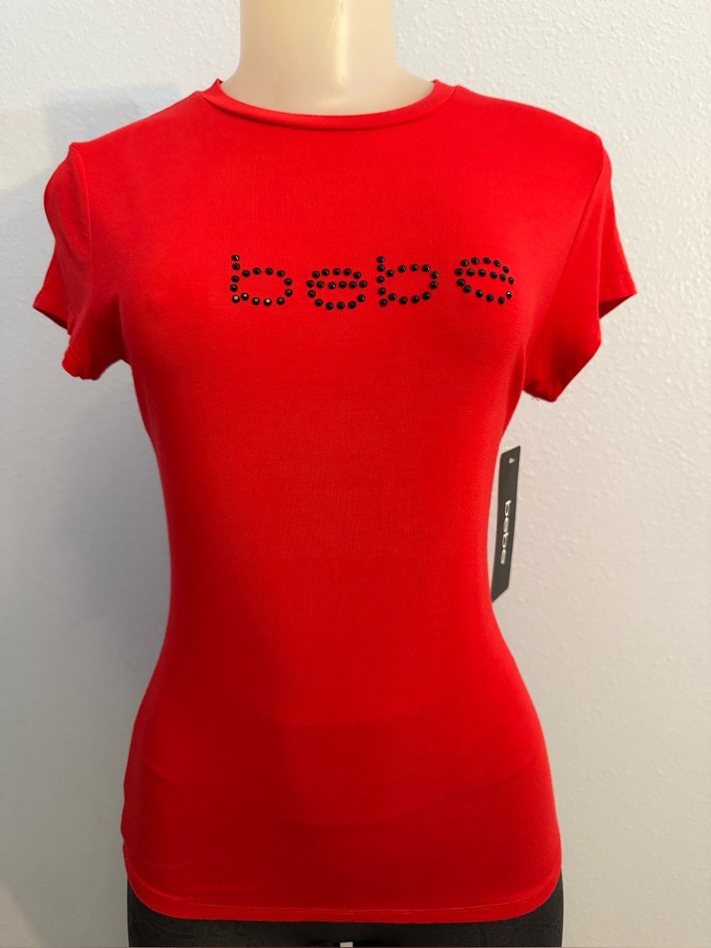 Bebe Red with Black Rhinestone Logo Tee shirt short sleeve NWT